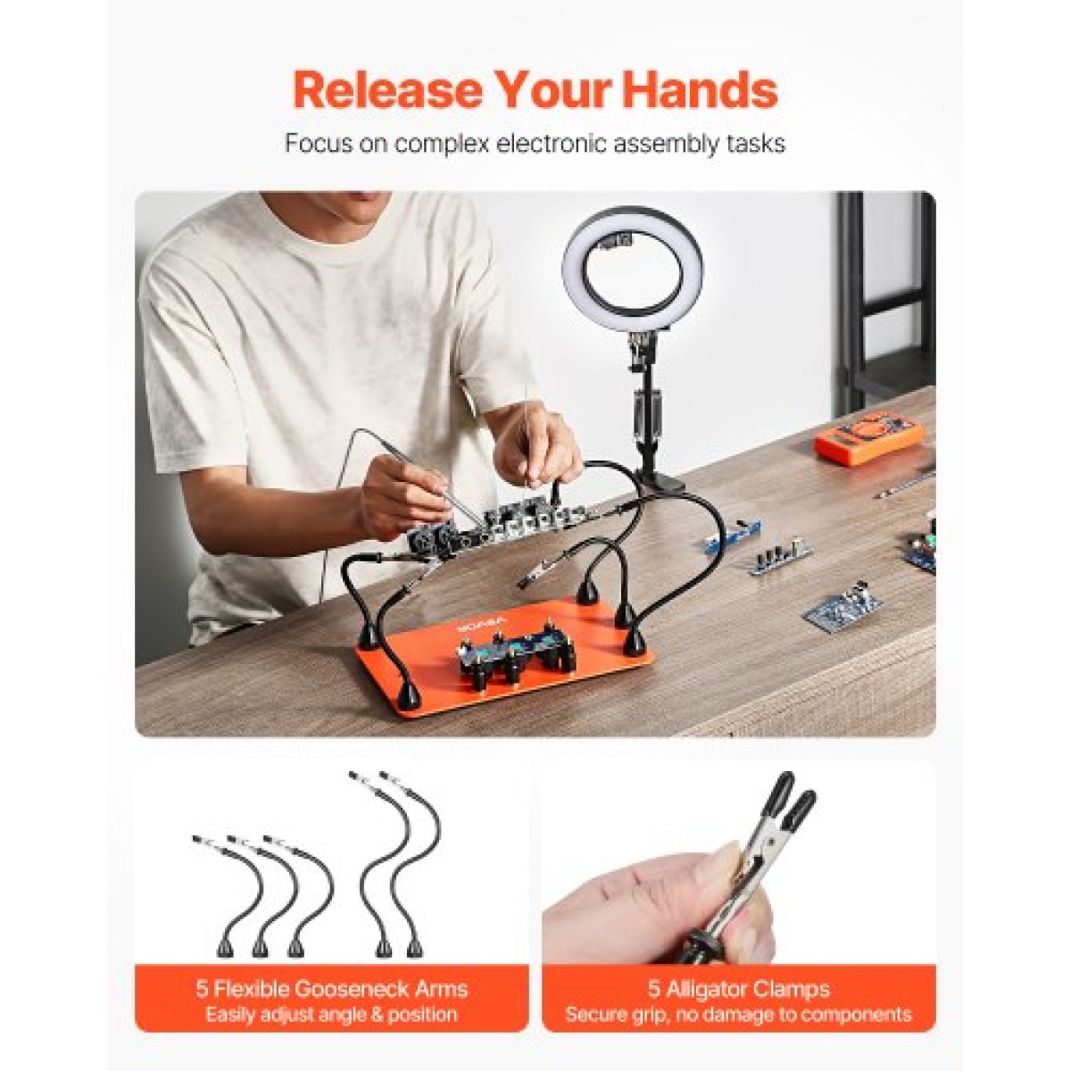 VEVOR Magnetic Helping Hands Soldering Station, 2-in-1 Third Hand Soldering Tool - 3X LED μεγεθυντικός λαμπτήρας & 5 εύκαμπτοι βραχίονες, 6 θήκες PCB, σταθμός βάσης βαρέως τύπου για ηλεκτρονικά επισκευή χειροτεχνίας