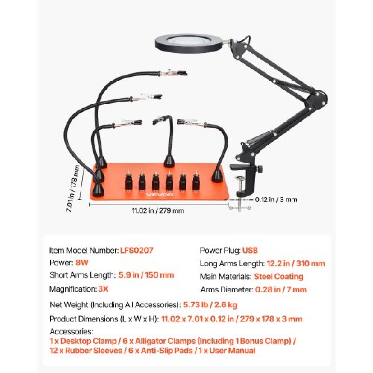 VEVOR Magnetic Helping Hands Soldering Station, 2-in-1 Third Hand Soldering Tool - 3X LED μεγεθυντικός λαμπτήρας & 5 εύκαμπτοι βραχίονες, 6 θήκες PCB, σταθμός βάσης βαρέως τύπου για ηλεκτρονικά επισκευή χειροτεχνίας