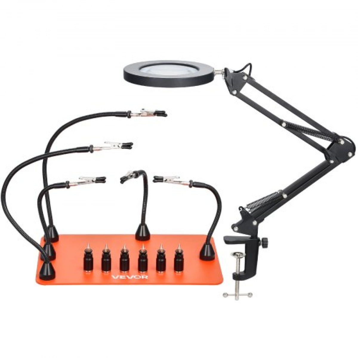 VEVOR Magnetic Helping Hands Soldering Station, 2-in-1 Third Hand Soldering Tool - 3X LED μεγεθυντικός λαμπτήρας & 5 εύκαμπτοι βραχίονες, 6 θήκες PCB, σταθμός βάσης βαρέως τύπου για ηλεκτρονικά επισκευή χειροτεχνίας