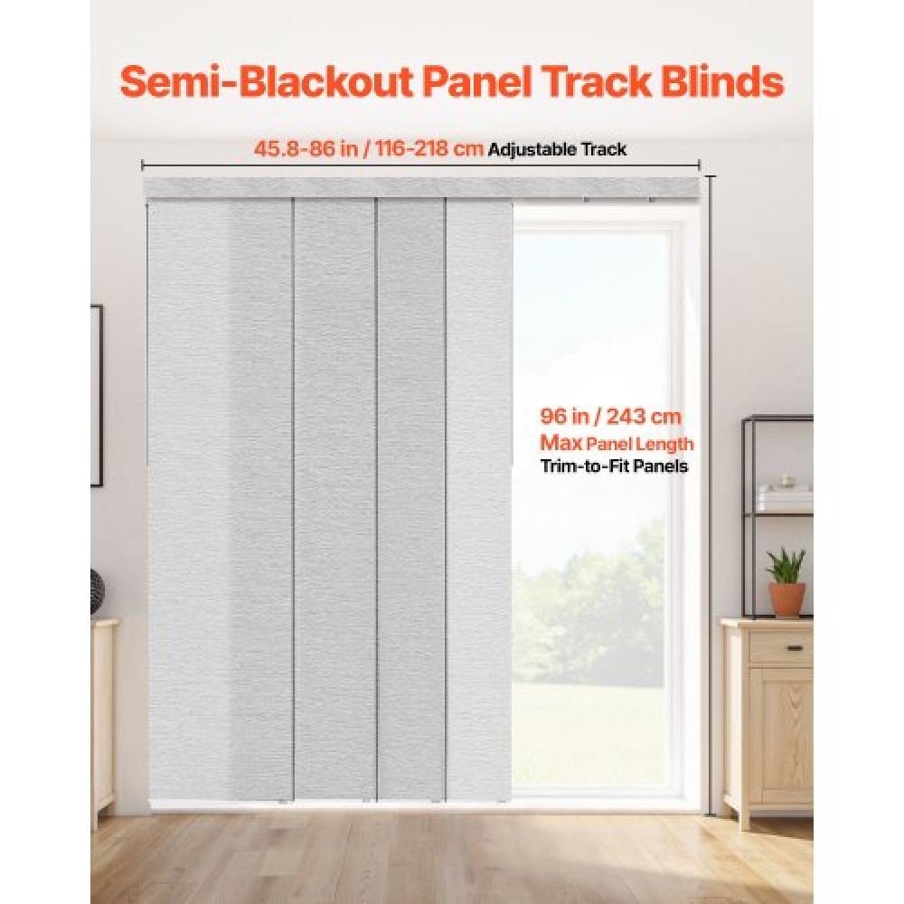 Περσίδες VEVOR Panel Track, Επεκτάσιμη ράγα από 116 cm έως 218 cm W, Trimmable Panel Curtains Μέχρι 243 cm H, Ρυθμιζόμενα κάθετα στόρια για συρόμενες πόρτες, πόρτες βεράντας, διαχωριστικό δωματίου, παράθυρο, γκρι