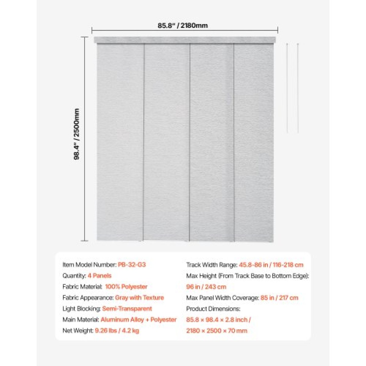 Περσίδες VEVOR Panel Track, Επεκτάσιμη ράγα από 116 cm έως 218 cm W, Trimmable Panel Curtains Μέχρι 243 cm H, Ρυθμιζόμενα κάθετα στόρια για συρόμενες πόρτες, πόρτες βεράντας, διαχωριστικό δωματίου, παράθυρο, γκρι