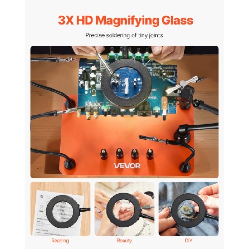 Σταθμός συγκόλλησης VEVOR Magnetic Helping Hands, Τρίτο εργαλείο συγκόλλησης με μεγεθυντικό λαμπτήρα LED 3X, 4 βάσεις PCB & 360 Hot Air Gun Holder, Heavy-Duty Base Station for Electronic Repair Craft Hobby