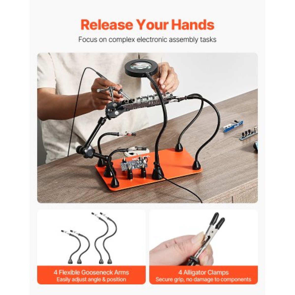 Σταθμός συγκόλλησης VEVOR Magnetic Helping Hands, Τρίτο εργαλείο συγκόλλησης με μεγεθυντικό λαμπτήρα LED 3X, 4 βάσεις PCB & 360 Hot Air Gun Holder, Heavy-Duty Base Station for Electronic Repair Craft Hobby