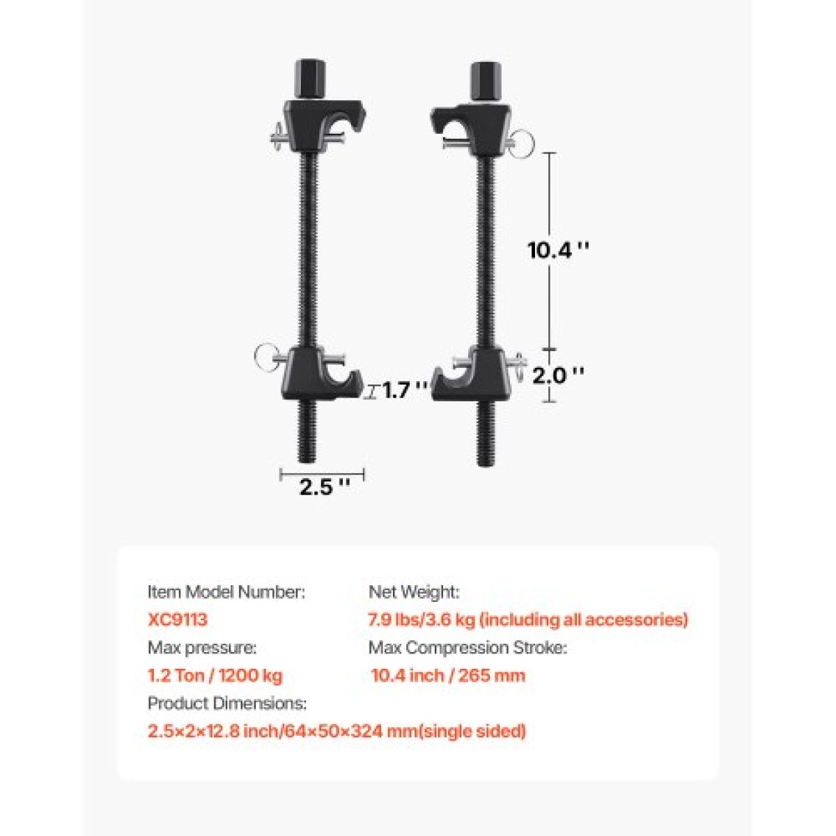 VEVOR Strut Spring Compressor, 2 Pack, Heavy Duty Coil Spring Compressor Tool με εμβέλεια 10,4 ίντσες (256 mm), Συμβατό με εξάγωνες υποδοχές 0,86 ίντσες (22 mm), Κατάλληλο για μοτοσυκλέτα φορτηγών αυτοκινήτων, Μαύρο