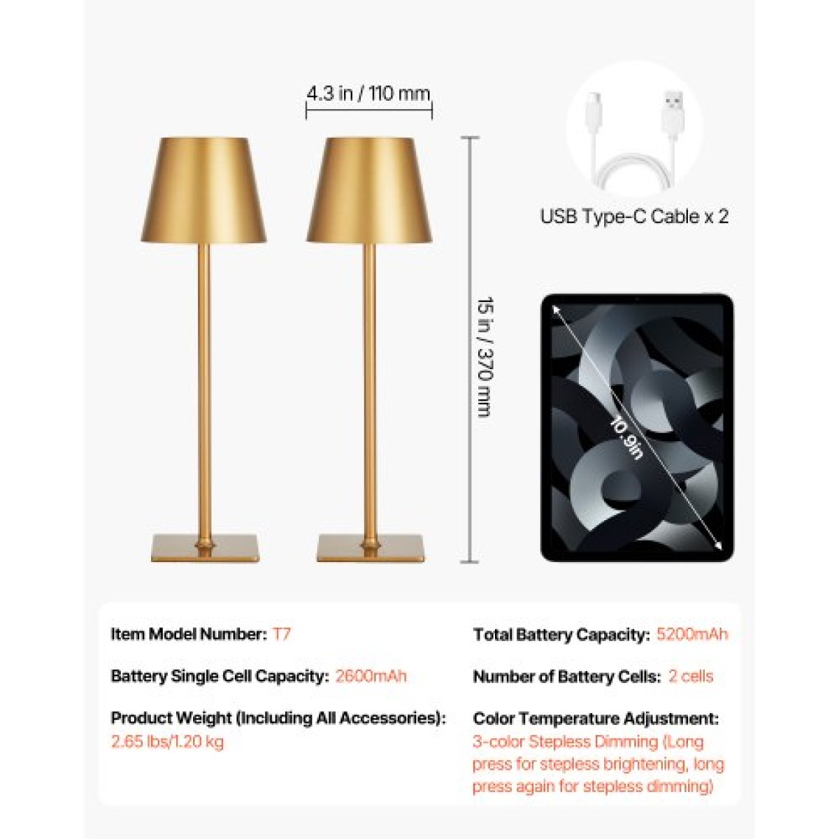 Επιτραπέζιο φωτιστικό VEVOR Cordless, 2-pack, 5200mAh Ενσωματωμένο επιτραπέζιο φωτιστικό με επαναφορτιζόμενη μπαταρία, 3 χρωμάτων Stepless Dimming Up, 3000-6500K θερμοκρασία χρώματος, επιτραπέζιο φωτιστικό για εστιατόριο, υπνοδωμάτιο, εξωτερικό χώρο, χρυσ