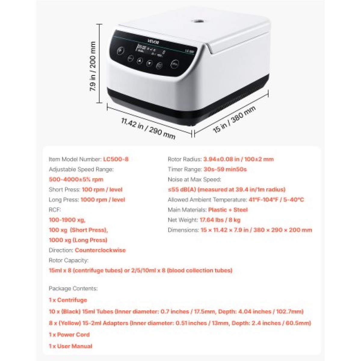 Φυγοκεντρική μηχανή VEVOR, 100-1900xg RCF Electric Laboratory φυγόκεντρος με 1 ρότορα για χωρητικότητα σωλήνα 2/5/10/15ml, χαμηλή ταχύτητα 500-4000 rpm με χρονοδιακόπτη, ευρέως χρησιμοποιούμενη σε διάφορα πειράματα