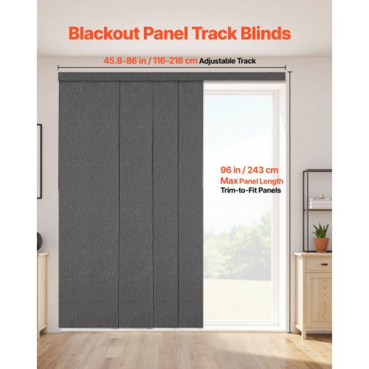 Περσίδες VEVOR Panel Track, Επεκτάσιμη ράγα από 116 cm έως 218 cm W, Trimmable Panel Curtains Up έως 243 cm H, Κάθετα στόρια συσκότισης για συρόμενες πόρτες, πόρτες βεράντας, διαχωριστικό δωματίου, σκούρο γκρι