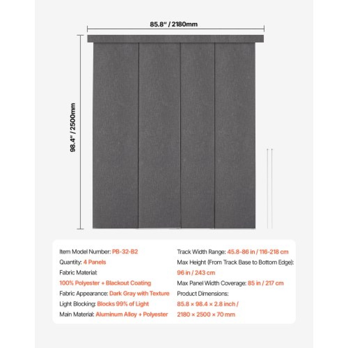 Περσίδες VEVOR Panel Track, Επεκτάσιμη ράγα από 116 cm έως 218 cm W, Trimmable Panel Curtains Up έως 243 cm H, Κάθετα στόρια συσκότισης για συρόμενες πόρτες, πόρτες βεράντας, διαχωριστικό δωματίου, σκούρο γκρι