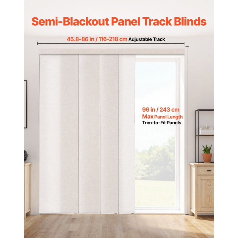 Περσίδες VEVOR Panel Track, Επεκτάσιμη ράγα από 116 cm έως 218 cm W, Trimmable Panel Curtains Μέχρι 243 cm H, Ρυθμιζόμενα κάθετα στόρια για συρόμενες πόρτες, πόρτες βεράντας, διαχωριστικό δωματίου, ανοιχτό καφέ