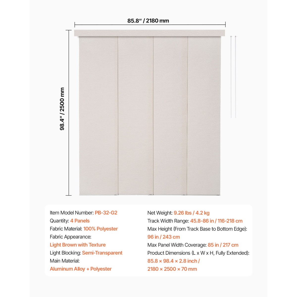 Περσίδες VEVOR Panel Track, Επεκτάσιμη ράγα από 116 cm έως 218 cm W, Trimmable Panel Curtains Μέχρι 243 cm H, Ρυθμιζόμενα κάθετα στόρια για συρόμενες πόρτες, πόρτες βεράντας, διαχωριστικό δωματίου, ανοιχτό καφέ