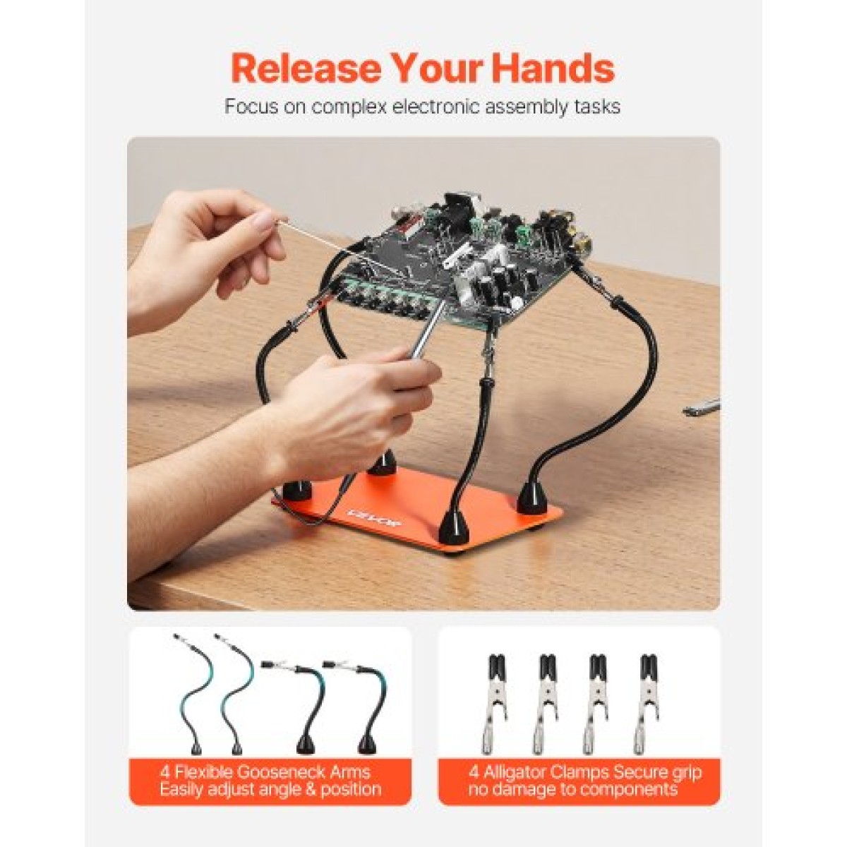 Βοηθητικός σταθμός συγκόλλησης VEVOR Magnetic Hands Helping, 4 Flexible Arms Third Hand Tool, με 6 βάσεις PCB Pillar & 360 Hot Air Gun Holder, Heavy-Duty Base Soldering Helper for Electronic Repair Craft