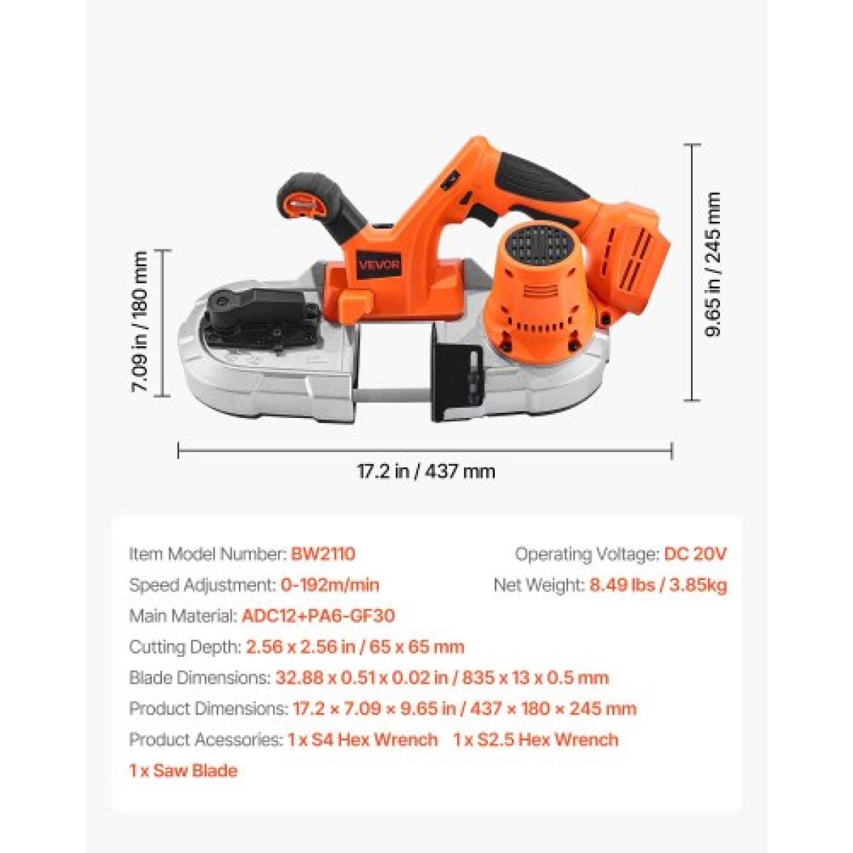 Φορητό πριόνι ταινίας VEVOR, Βάθος κοπής 65 x 65 mm, πριονοκορδέλα 360 W με κινητήρα χωρίς ψήκτρες, ασύρματο και συμπαγές Portaband, Ενσωματωμένοι γάντζοι ανάρτησης, 0-192 m/min Μεταβλητή ταχύτητα για κοπή μετάλλων, ξύλου (γυμνό εργαλείο)