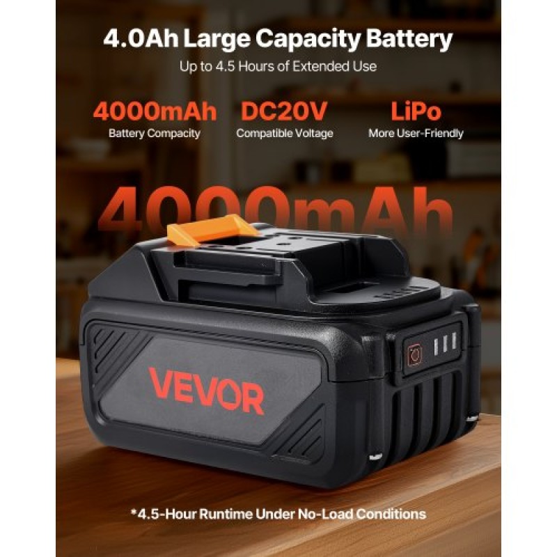 VEVOR 20V MAX, φορητή μπαταρία και φορτιστή Combo, AC 220V, 4.0 Ah μπαταρία ιόντων λιθίου, 4000 mAh Μεγάλη χωρητικότητα, Εκτεταμένος χρόνος λειτουργίας, Συμβατό με εργαλεία σειράς, για αντικατάσταση και γρήγορη φόρτιση