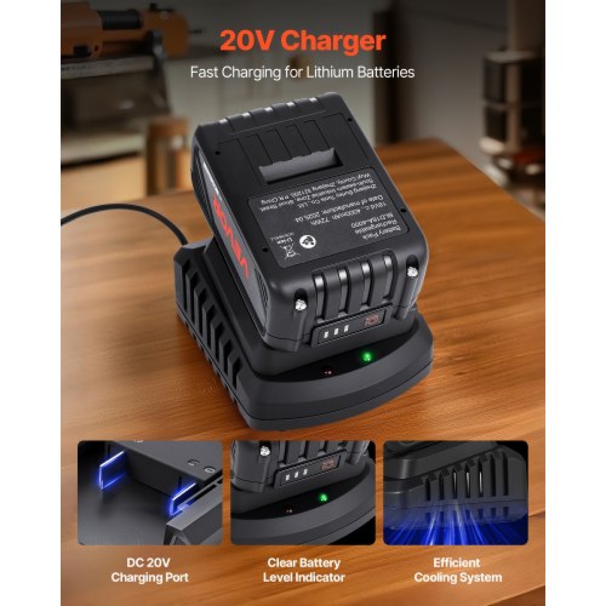 VEVOR 20V MAX, φορητή μπαταρία και φορτιστή Combo, AC 220V, 4.0 Ah μπαταρία ιόντων λιθίου, 4000 mAh Μεγάλη χωρητικότητα, Εκτεταμένος χρόνος λειτουργίας, Συμβατό με εργαλεία σειράς, για αντικατάσταση και γρήγορη φόρτιση