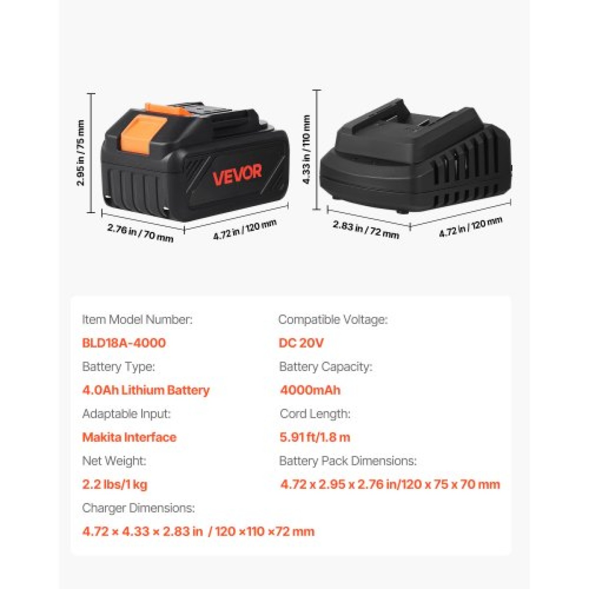 VEVOR 20V MAX, φορητή μπαταρία και φορτιστή Combo, AC 220V, 4.0 Ah μπαταρία ιόντων λιθίου, 4000 mAh Μεγάλη χωρητικότητα, Εκτεταμένος χρόνος λειτουργίας, Συμβατό με εργαλεία σειράς, για αντικατάσταση και γρήγορη φόρτιση