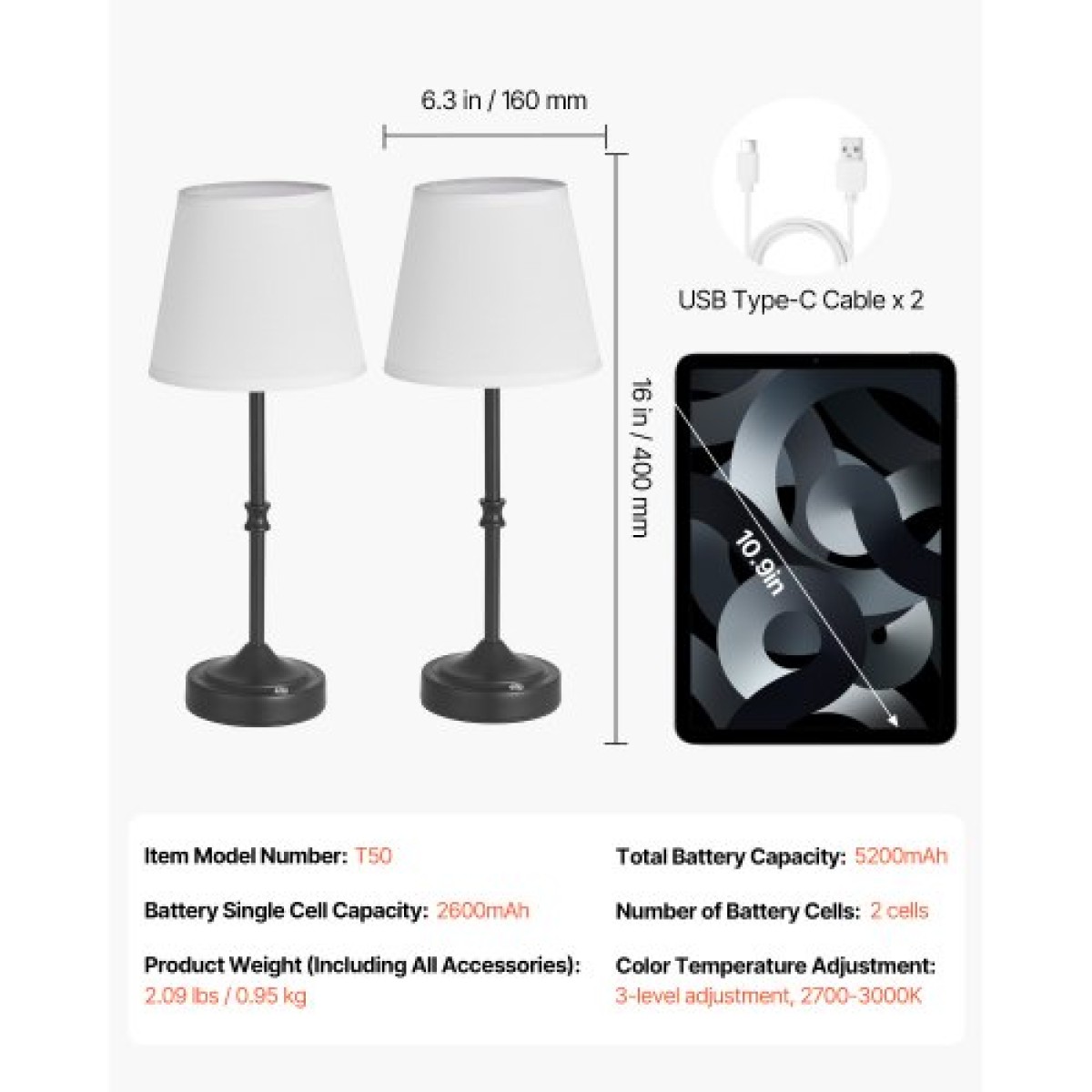 Επιτραπέζιο φωτιστικό VEVOR Cordless, 2 Pack, 5200mAh Ενσωματωμένο Επιτραπέζιο Φωτιστικό με Επαναφορτιζόμενη Μπαταρία, Φωτεινότητα 3 επιπέδων, Υφασμάτινη Απόχρωση, Θερμοκρασία χρώματος 2700-3000K, Επιτραπέζιο Φωτιστικό για Εστιατόριο, Υπνοδωμάτιο, Μπαρ, Μ