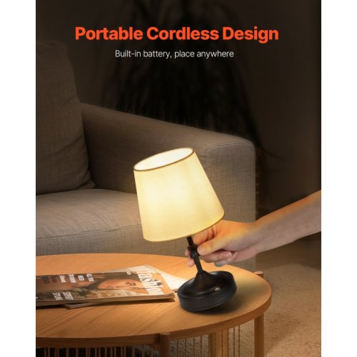 Επιτραπέζιο φωτιστικό VEVOR Cordless, Ενσωματωμένη επαναφορτιζόμενη μπαταρία 5200mAh Μικρό φωτιστικό γραφείου, φωτεινότητα 3 επιπέδων, ύφασμα απόχρωση, θερμοκρασία χρώματος 2700-3000K, επιτραπέζιο φωτιστικό για εστιατόριο, υπνοδωμάτιο, μπαρ, μαύρο