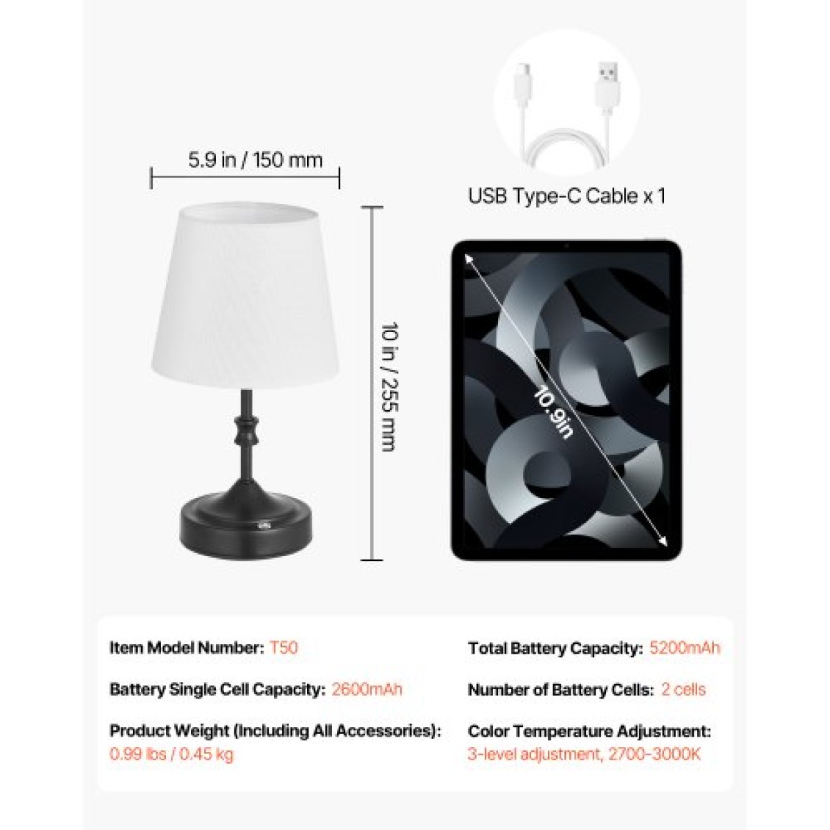 Επιτραπέζιο φωτιστικό VEVOR Cordless, Ενσωματωμένη επαναφορτιζόμενη μπαταρία 5200mAh Μικρό φωτιστικό γραφείου, φωτεινότητα 3 επιπέδων, ύφασμα απόχρωση, θερμοκρασία χρώματος 2700-3000K, επιτραπέζιο φωτιστικό για εστιατόριο, υπνοδωμάτιο, μπαρ, μαύρο