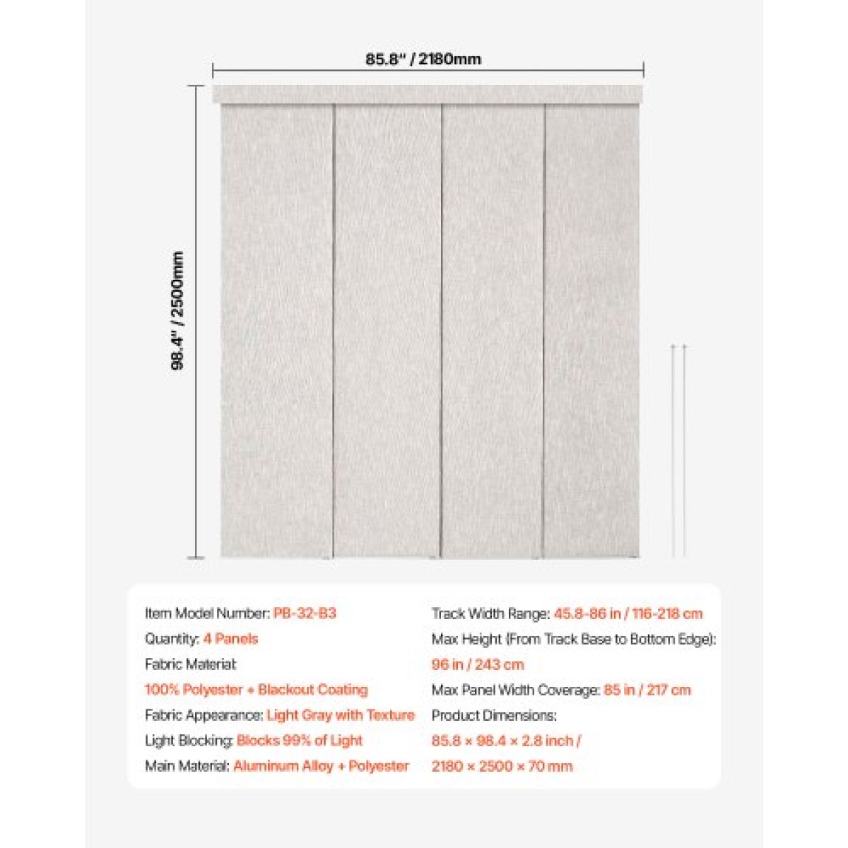 Περσίδες VEVOR Panel Track, Επεκτάσιμη ράγα από 116 cm έως 218 cm W, Trimmable Panel Curtains Up έως 243 cm H, Κάθετες περσίδες συσκότισης για συρόμενες πόρτες, πόρτες βεράντας, διαχωριστικό δωματίου, ανοιχτό γκρι
