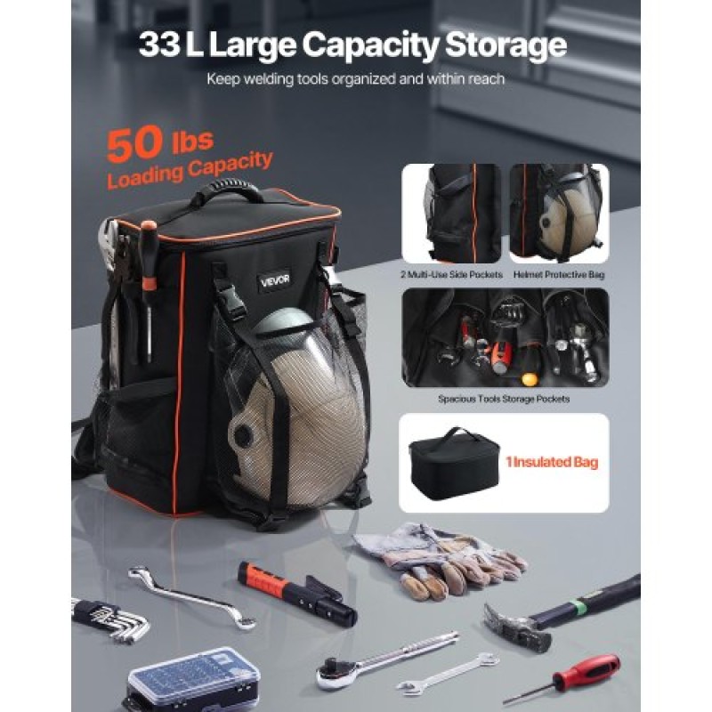 VEVOR 33L Welding Backpack 600D Polyester Welder Backpack for Tools and Helmet