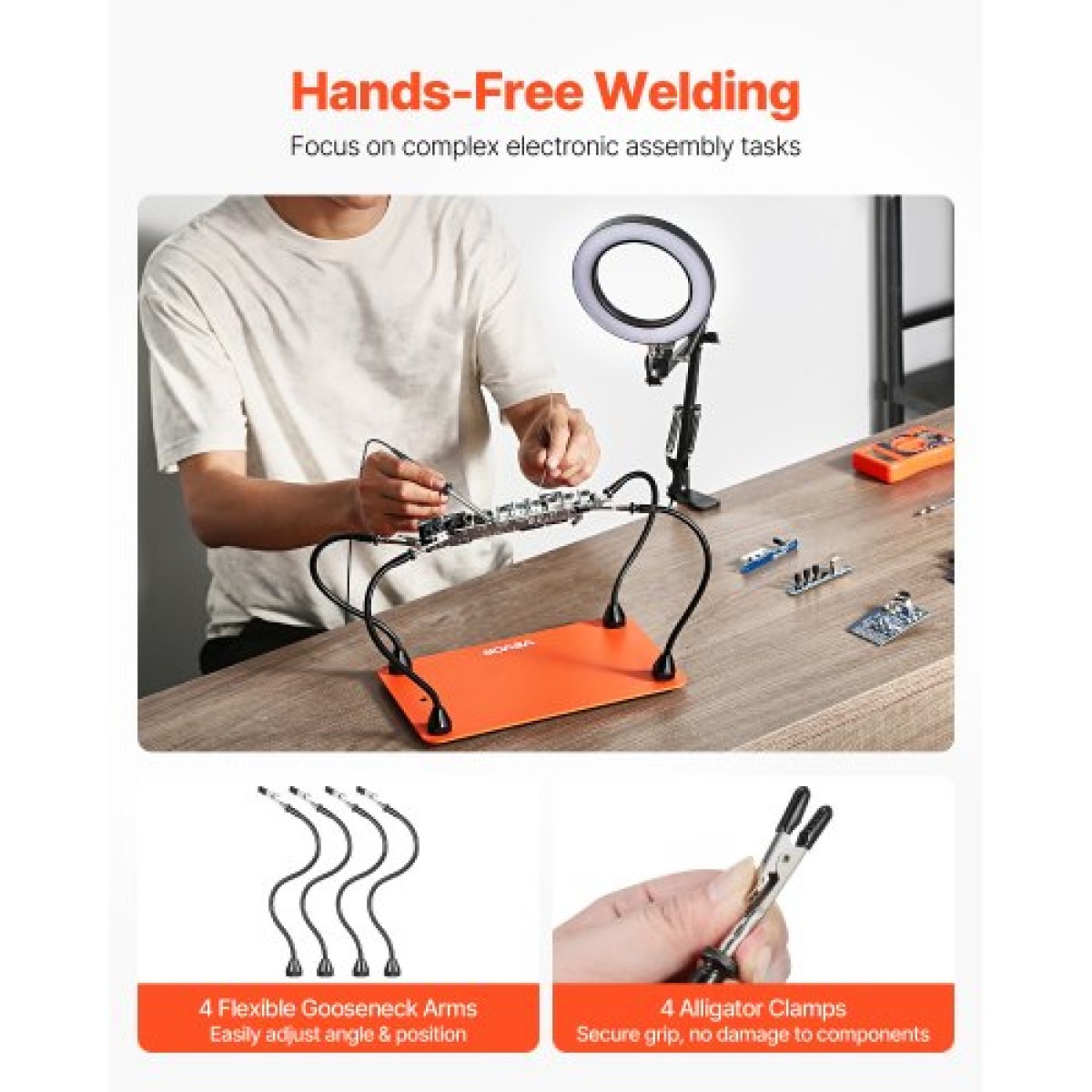 Σταθμός συγκόλλησης VEVOR Magnetic Hands Helping, 4 Flexible Arms Third Hand Tool with 3X LED μεγεθυντικός λαμπτήρας & αντιολισθητική βάση βαρέως τύπου, Soldering Hands Helping for Electronic Repair Craft Hobby DIY