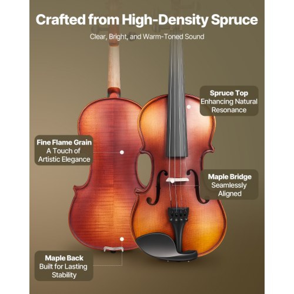 VEVOR Violin 355mm Size Fiddle Set Solidwood for Beginner Matte Brown Patterned