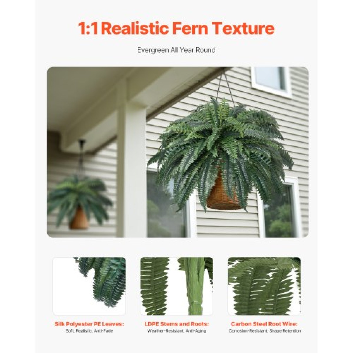 VEVOR Τεχνητές φτέρες, 1219 mm Fake Boston Fern Bush Plant with 88 Fronds, Large Faux Greenery για εσωτερική και εξωτερική διακόσμηση, μετάξι και LDPE, ρεαλιστική για οικιακή βεράντα στον κήπο Γραφείο Σαλόνι Γραφείου