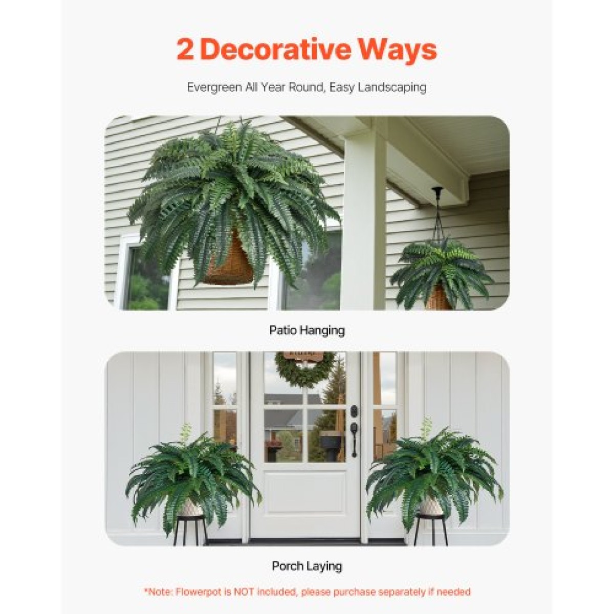 VEVOR Τεχνητές φτέρες, 1219 mm Fake Boston Fern Bush Plant with 88 Fronds, Large Faux Greenery για εσωτερική και εξωτερική διακόσμηση, μετάξι και LDPE, ρεαλιστική για οικιακή βεράντα στον κήπο Γραφείο Σαλόνι Γραφείου
