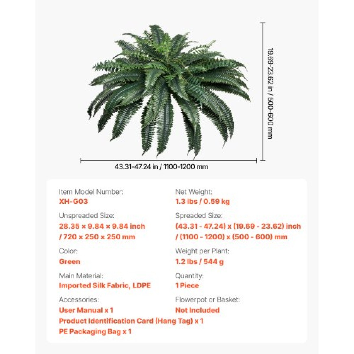 VEVOR Τεχνητές φτέρες, 1219 mm Fake Boston Fern Bush Plant with 88 Fronds, Large Faux Greenery για εσωτερική και εξωτερική διακόσμηση, μετάξι και LDPE, ρεαλιστική για οικιακή βεράντα στον κήπο Γραφείο Σαλόνι Γραφείου