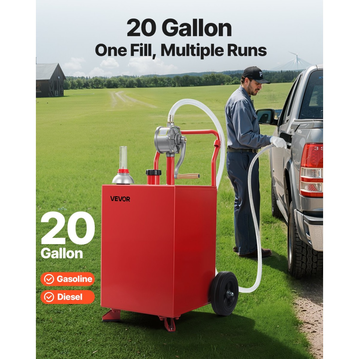 VEVOR 20 Gallon Fuel Caddy, βενζίνη και ντίζελ καυσίμου με αντλία χειροκίνητης μεταφοράς, φορητό δοχείο αποθήκευσης καυσίμου με 2 τροχούς & λάστιχο 10 ft, Gas Caddy για αυτοκίνητα, χορτοκοπτικά, ATV, σκάφη, Περισσότερα, κόκκινο