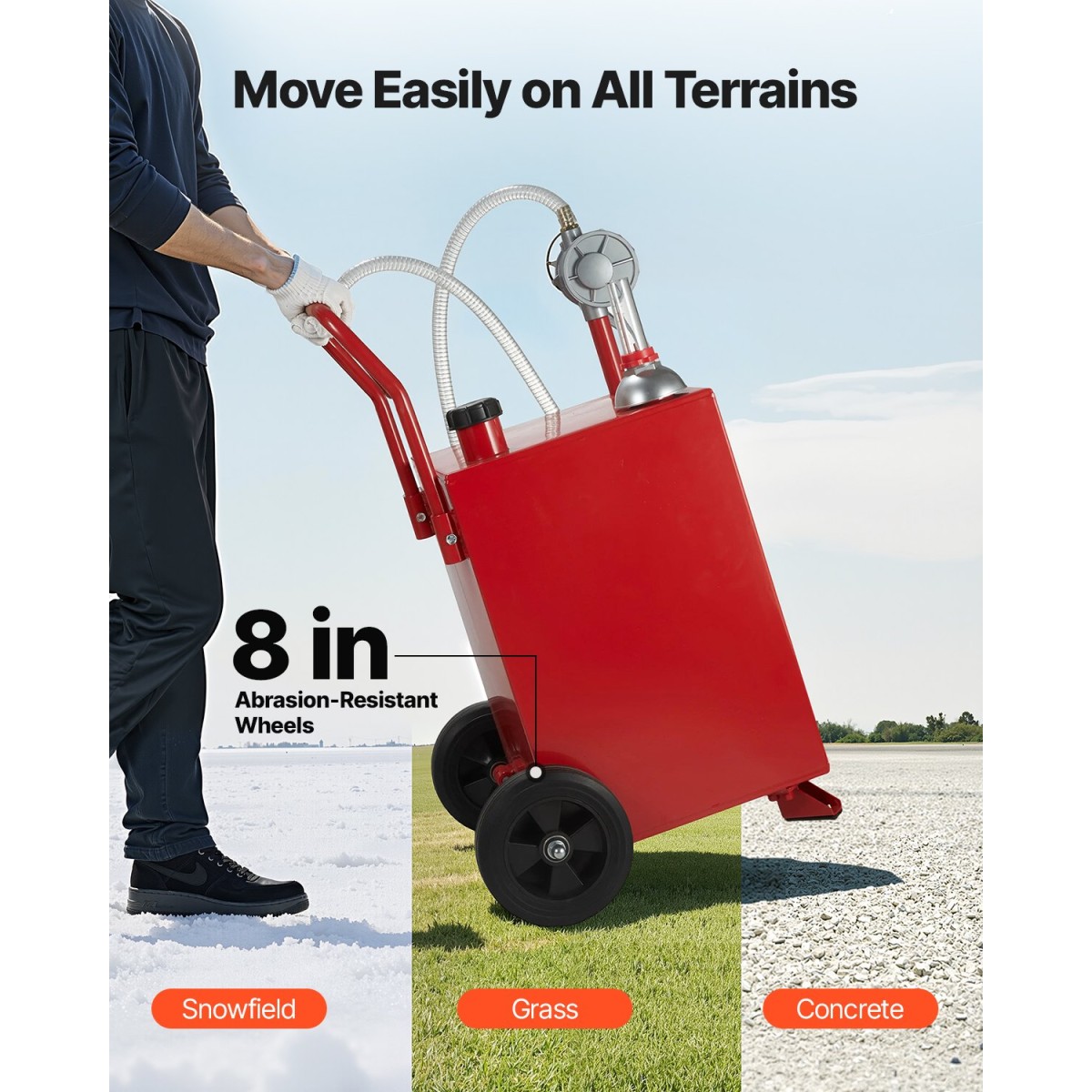 VEVOR 20 Gallon Fuel Caddy, βενζίνη και ντίζελ καυσίμου με αντλία χειροκίνητης μεταφοράς, φορητό δοχείο αποθήκευσης καυσίμου με 2 τροχούς & λάστιχο 10 ft, Gas Caddy για αυτοκίνητα, χορτοκοπτικά, ATV, σκάφη, Περισσότερα, κόκκινο