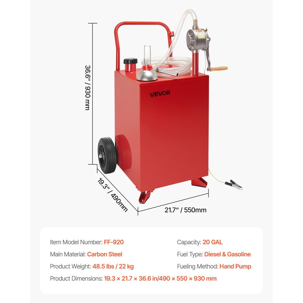 VEVOR 20 Gallon Fuel Caddy, βενζίνη και ντίζελ καυσίμου με αντλία χειροκίνητης μεταφοράς, φορητό δοχείο αποθήκευσης καυσίμου με 2 τροχούς & λάστιχο 10 ft, Gas Caddy για αυτοκίνητα, χορτοκοπτικά, ATV, σκάφη, Περισσότερα, κόκκινο