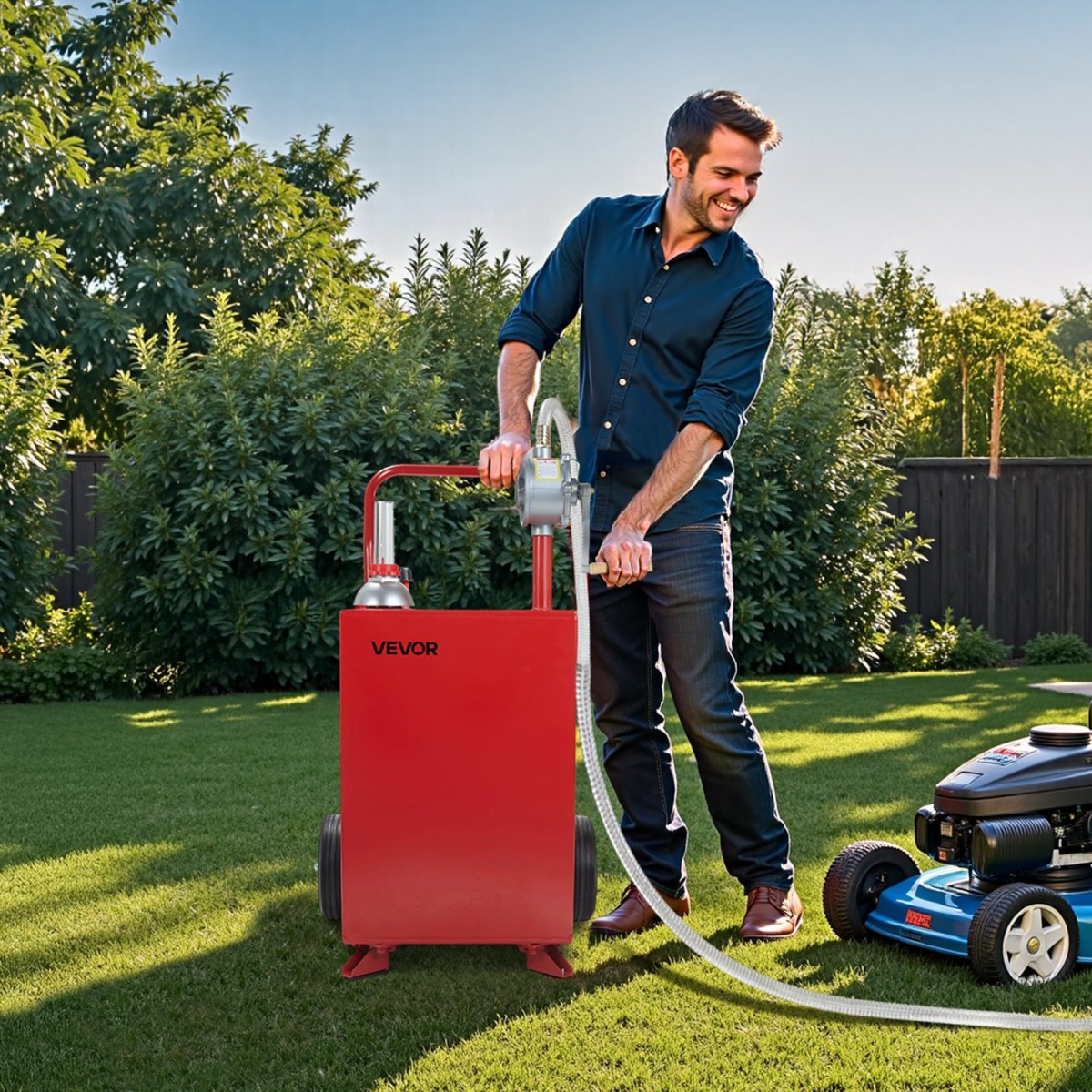 VEVOR 20 Gallon Fuel Caddy, βενζίνη και ντίζελ καυσίμου με αντλία χειροκίνητης μεταφοράς, φορητό δοχείο αποθήκευσης καυσίμου με 2 τροχούς & λάστιχο 10 ft, Gas Caddy για αυτοκίνητα, χορτοκοπτικά, ATV, σκάφη, Περισσότερα, κόκκινο