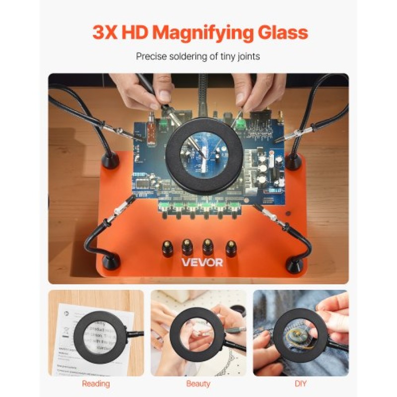 Σταθμός συγκόλλησης VEVOR Magnetic Hands Helping, 4 Flexible Arms Third Hand Soldering Tool, με μεγεθυντικό λαμπτήρα 3X LED, 4 PCB Pillar Holder & Heavy-Duty Base, Electronic Repair Craft Hobby DIY