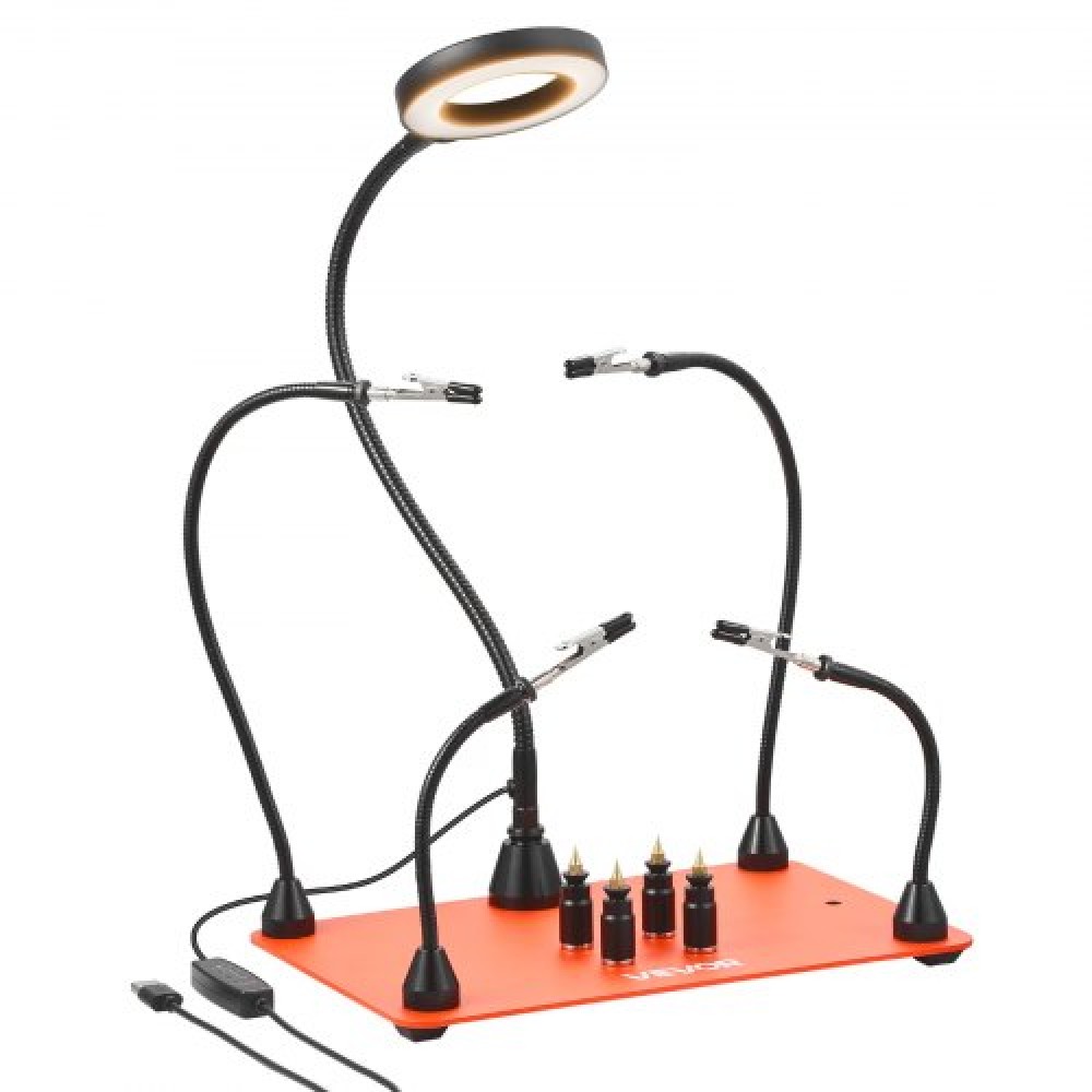 Σταθμός συγκόλλησης VEVOR Magnetic Hands Helping, 4 Flexible Arms Third Hand Soldering Tool, με μεγεθυντικό λαμπτήρα 3X LED, 4 PCB Pillar Holder & Heavy-Duty Base, Electronic Repair Craft Hobby DIY