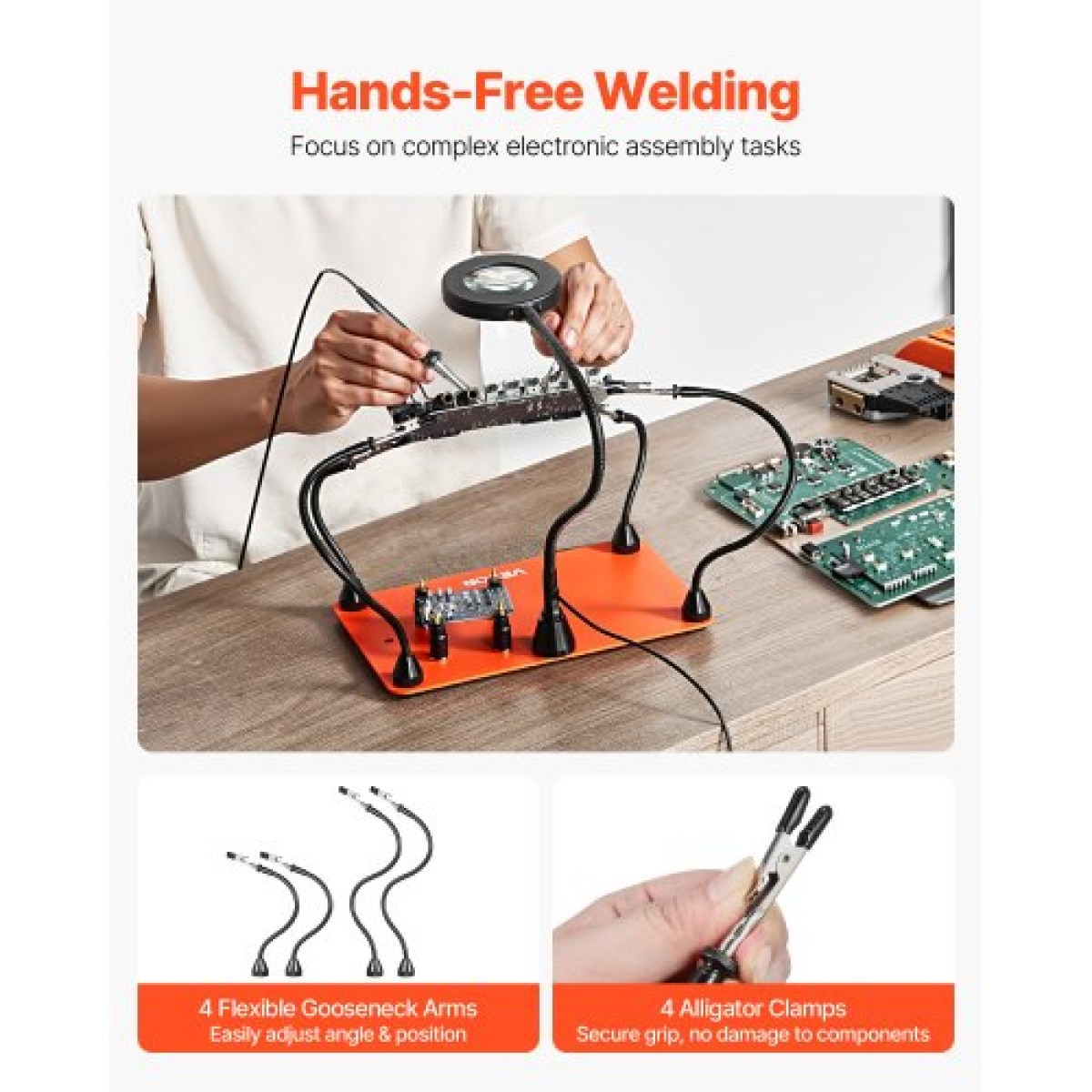 Σταθμός συγκόλλησης VEVOR Magnetic Hands Helping, 4 Flexible Arms Third Hand Soldering Tool, με μεγεθυντικό λαμπτήρα 3X LED, 4 PCB Pillar Holder & Heavy-Duty Base, Electronic Repair Craft Hobby DIY