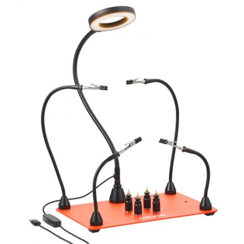 Σταθμός συγκόλλησης VEVOR Magnetic Hands Helping, 4 Flexible Arms Third Hand Soldering Tool, με μεγεθυντικό λαμπτήρα 3X LED, 4 PCB Pillar Holder & Heavy-Duty Base, Electronic Repair Craft Hobby DIY