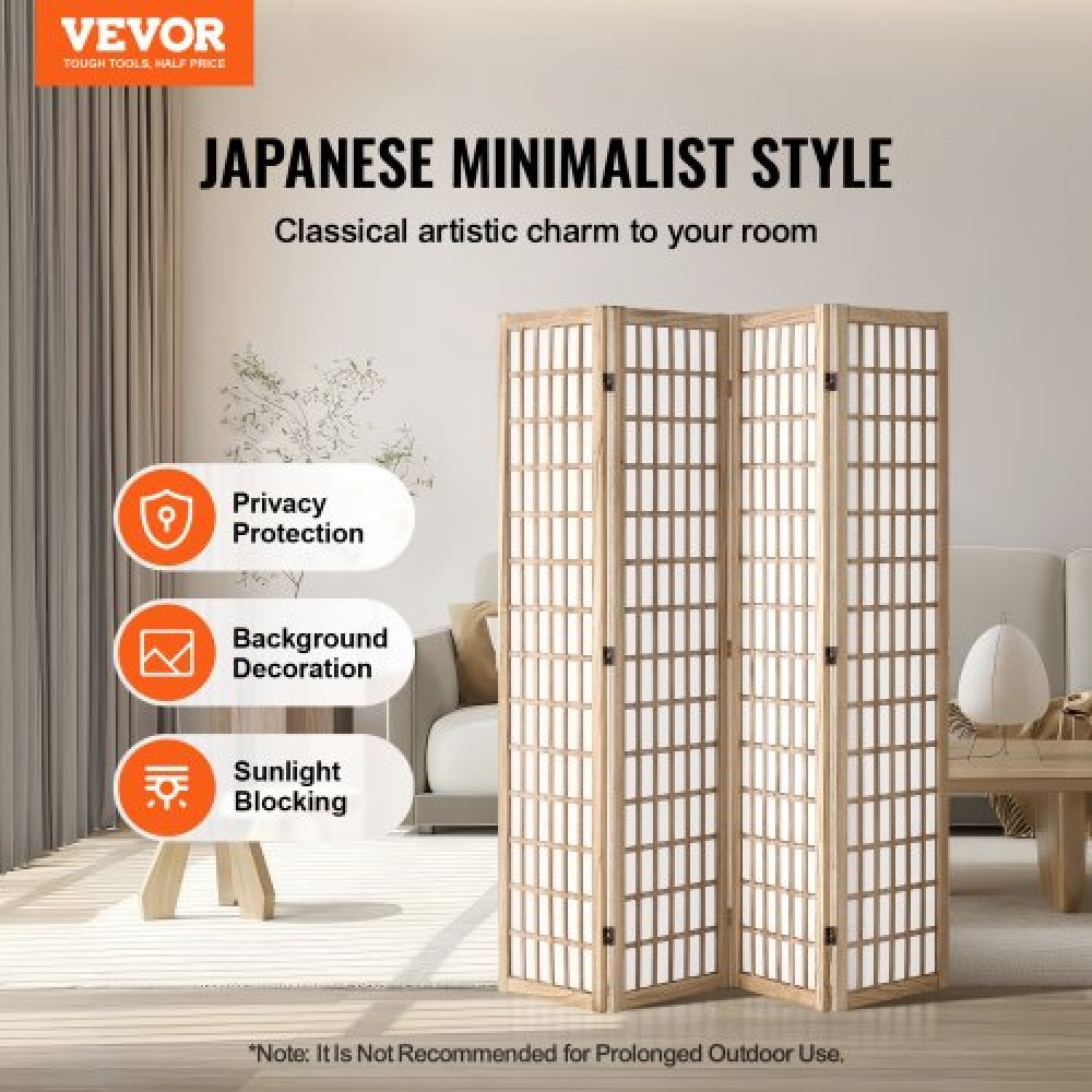 VEVOR Room Divider Japanese Wall Divider 4 Pane for Room Separation (Natural)