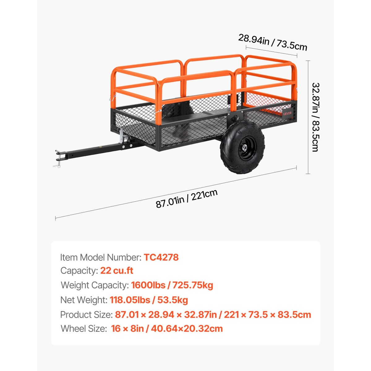 VEVOR Garden Utility Trailer, 22 Cu.Ft.& 725 κιλά, τρέιλερ ATV UTV, Ρυμουλκούμενο πίσω από χάλυβα Dump Trailers, Αφαιρούμενο πίσω πάνελ, Ρυμουλκούμενα βαρέως τύπου πίσω από την αυλή για χλοοκοπτικά τρακτέρ Garden Waste