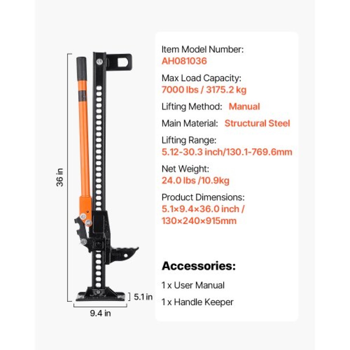 VEVOR Farm Jack, 91,5 cm Utility High Lift Farm Jack, 3,18 Ton Capacity Ratcheting Off Road Utility Jacks, Heavy-Duty Lift Jacks με εύρος ανύψωσης 130,1-769,6 mm για τρακτέρ, φορτηγό, SUV