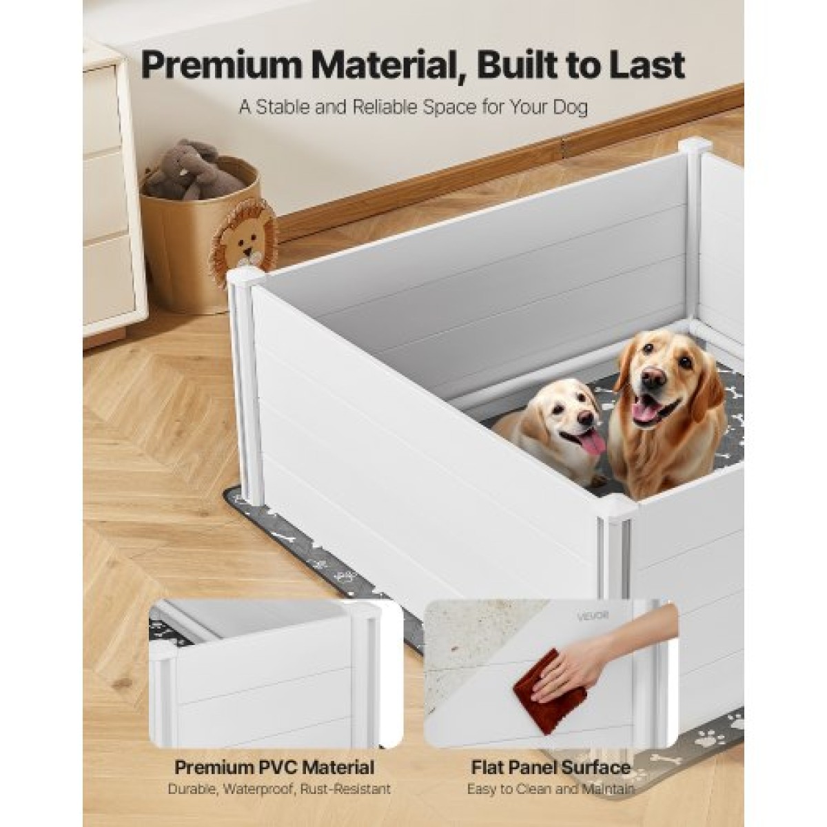 Κουτί VEVOR Dogs Whelping Box, 60 x 60 x 24 ιντσών, Παρκοκρέβατο για κουτάβια από πλαστικό PVC με ρυθμιζόμενη πόρτα και πλενόμενο μαξιλαράκι ούρων, αντιπαραμορφωτικό εσωτερικό κουτάβι για σκύλους πολύ μεγάλης φυλής, Milk White