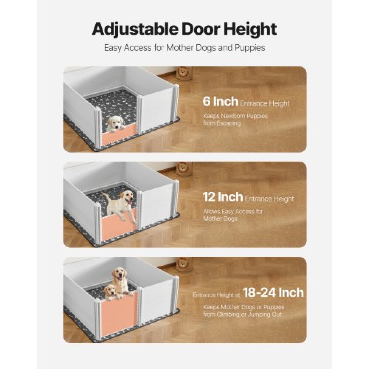 Κουτί VEVOR Dogs Whelping Box, 60 x 60 x 24 ιντσών, Παρκοκρέβατο για κουτάβια από πλαστικό PVC με ρυθμιζόμενη πόρτα και πλενόμενο μαξιλαράκι ούρων, αντιπαραμορφωτικό εσωτερικό κουτάβι για σκύλους πολύ μεγάλης φυλής, Milk White