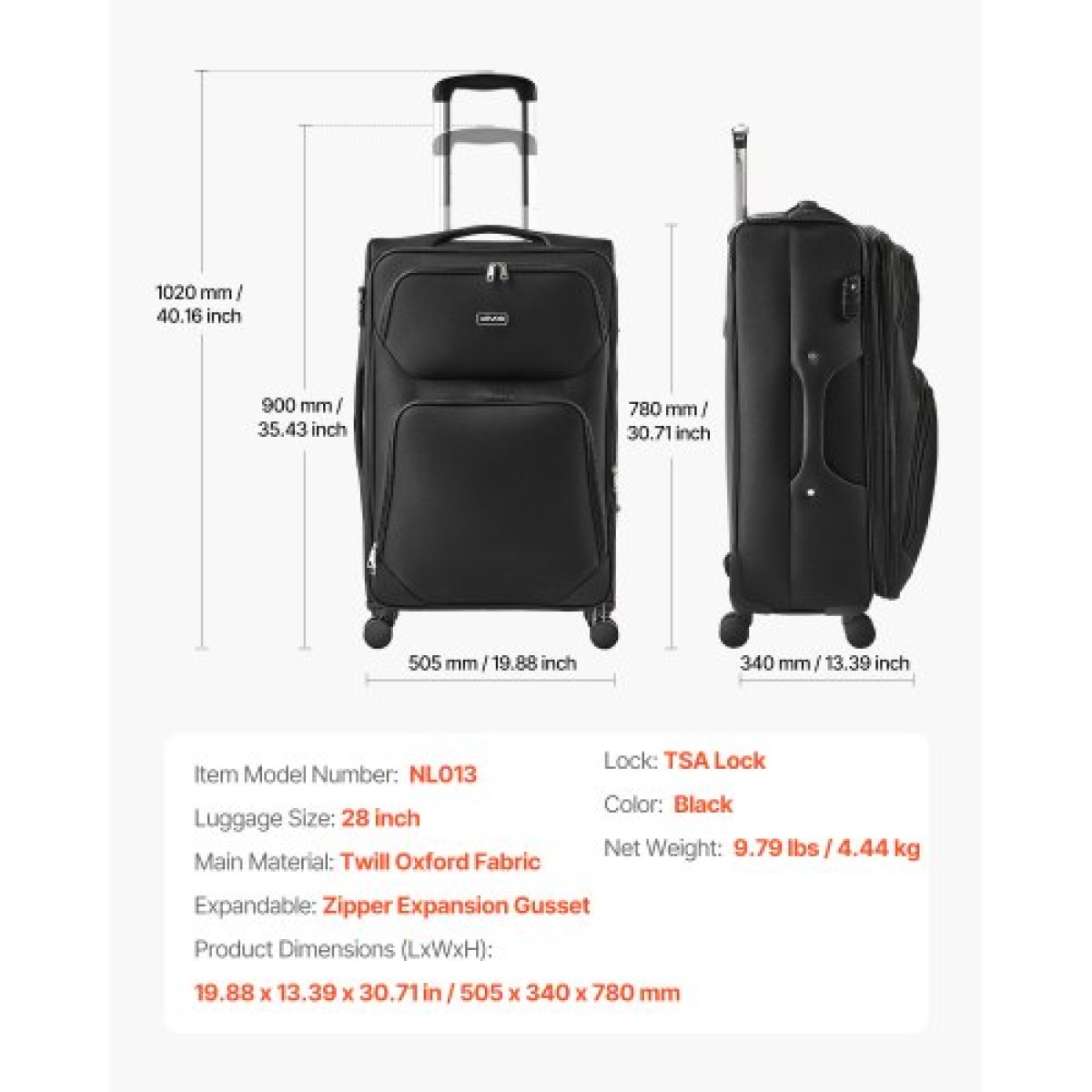 Επεκτάσιμη αποσκευή VEVOR Softside με περιστροφικούς τροχούς, 24 ιντσών / 71 cm Ελεγμένες μεγάλες αποσκευές, ελαφριά βαλίτσα με τσάντα με επεκτεινόμενη τσέπη με φερμουάρ και κλειδαριά TSA, μαύρο