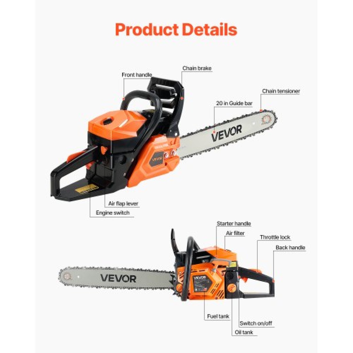 VEVOR 62 cc Αλυσοπρίονο αερίου, αλυσοπρίονο 20 ιντσών με τροφοδοσία αερίου, ηλεκτρικό αλυσοπρίονο 3,6 HP με αντιολισθητική λαβή, αλυσοπρίονα αερίου με διπλές δεξαμενές καυσίμου, για κοπή ξύλου, κοπή δέντρων και καθαρισμό γης