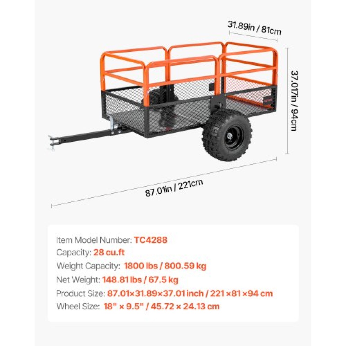 VEVOR Garden Utility Trailer, 28 Cu.Ft.& 800kg, τρέιλερ ATV UTV, Ρυμουλκούμενα πίσω από χάλυβα Dump Trailers, Αφαιρούμενο πίσω πλαίσιο, Ρυμουλκούμενα βαρέως τύπου πίσω από την αυλή για χλοοκοπτικά τρακτέρ Garden Waste