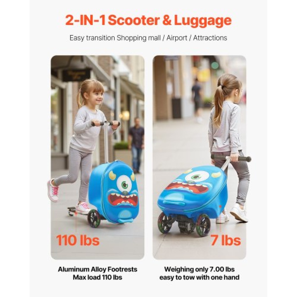 Αποσκευές VEVOR Ride-on, χωρητικότητα 20 L, 20 ιντσών βαλίτσα παιδικού σκούτερ με τροχούς flash PU, ρυθμιζόμενη λαβή & αντιολισθητική λαβή TPR, αναδιπλούμενη & ελαφριά αποσκευή σκούτερ για παιδιά ηλικίας 5+, μπλε