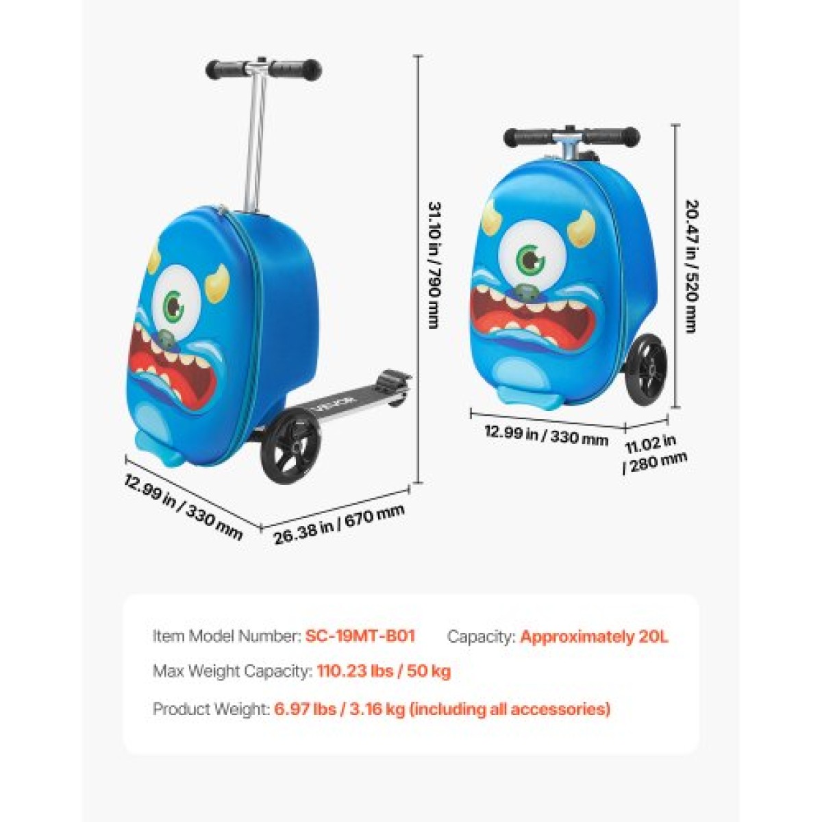 Αποσκευές VEVOR Ride-on, χωρητικότητα 20 L, 20 ιντσών βαλίτσα παιδικού σκούτερ με τροχούς flash PU, ρυθμιζόμενη λαβή & αντιολισθητική λαβή TPR, αναδιπλούμενη & ελαφριά αποσκευή σκούτερ για παιδιά ηλικίας 5+, μπλε