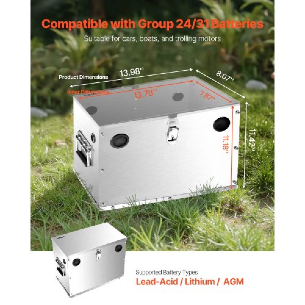 VEVOR Battery Box, Group 24/31 Trolling Motor Battery Box, Θήκη θαλάσσιων μπαταριών με κλειδαριά, λαβές και τρύπες καλωδίων από καουτσούκ, κέλυφος από ανοξείδωτο χάλυβα, κατάλληλο για αυτοκίνητα, σκάφη και μηχανές συρτής