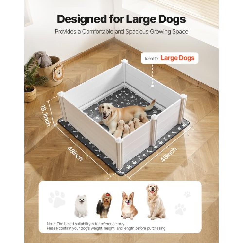 Κουτί VEVOR Dogs Whelping Box, 48 x 48 x 18,1 ιντσών, Πλαστικό PVC κουτάβια παρκοκρέβατο με ρυθμιζόμενη πόρτα και πλενόμενο μαξιλαράκι ούρων, αντιπαραμορφωτικό εσωτερικό κουτάβι για σκύλους μεγάλης φυλής, Milk White
