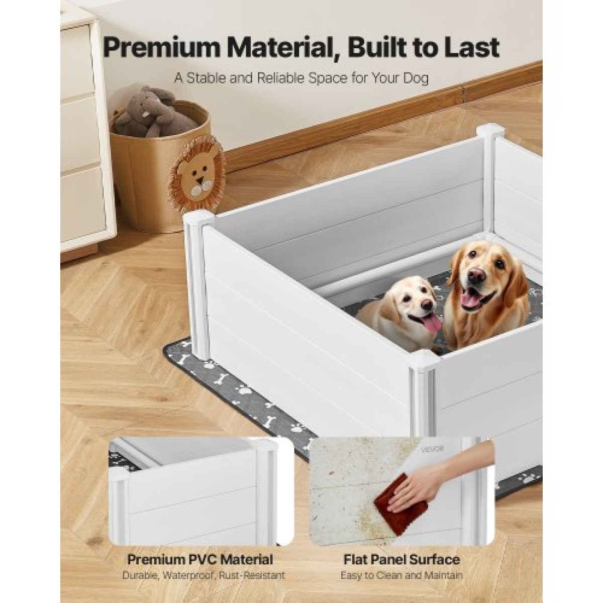 Κουτί VEVOR Dogs Whelping Box, 48 x 48 x 18,1 ιντσών, Πλαστικό PVC κουτάβια παρκοκρέβατο με ρυθμιζόμενη πόρτα και πλενόμενο μαξιλαράκι ούρων, αντιπαραμορφωτικό εσωτερικό κουτάβι για σκύλους μεγάλης φυλής, Milk White